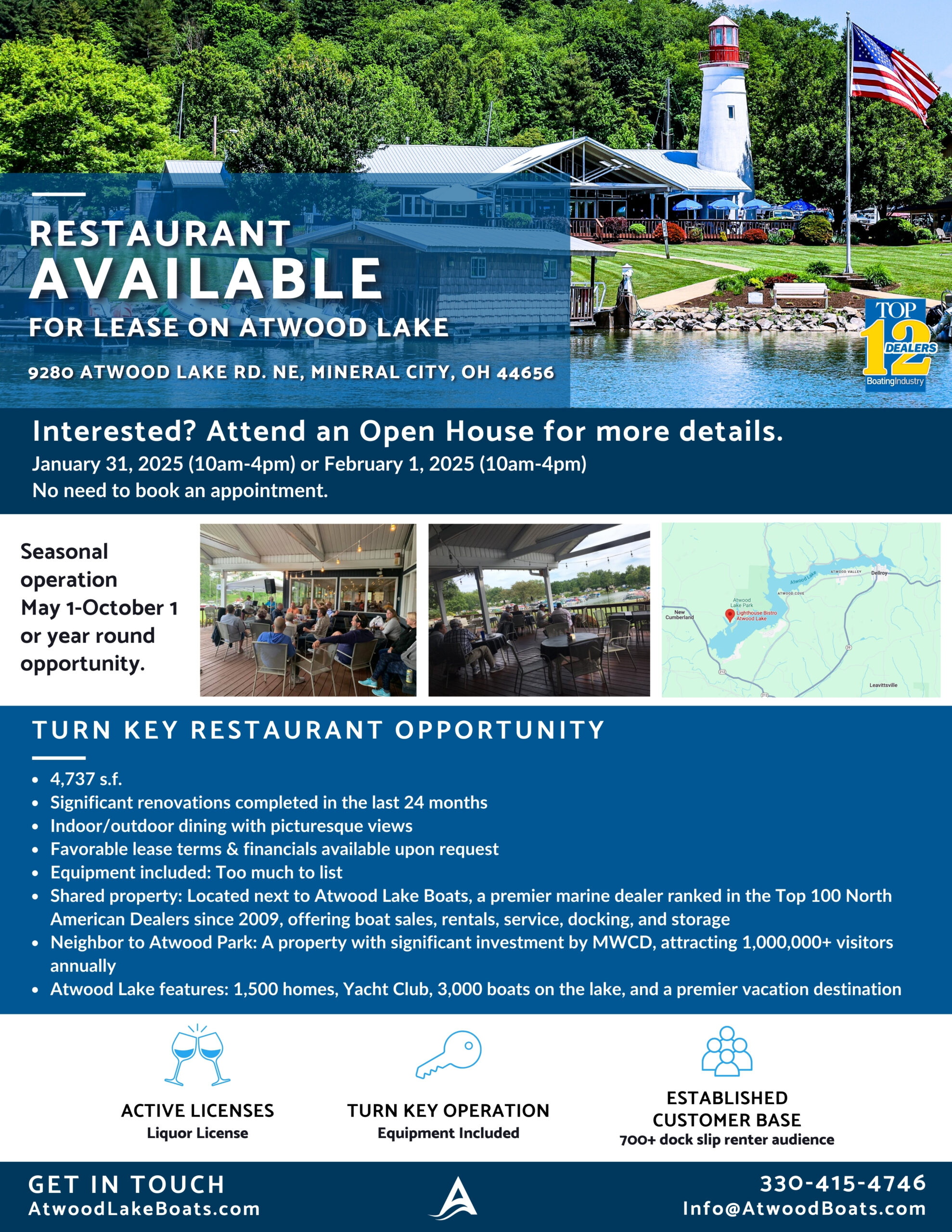 Flyer for a restaurant lease opportunity at Atwood Lake, OH, detailing open house dates, operational season, and key features. Contact information included.