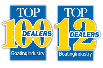 Blue and yellow logos with "Top 100 Dealers" and "Top 12 Dealers" text, featuring "Boating Industry" at the bottom.