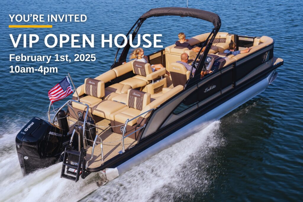 A large motorboat on the water with several people onboard. The image invites to a VIP Open House on February 1st, 2025, from 10am to 4pm.